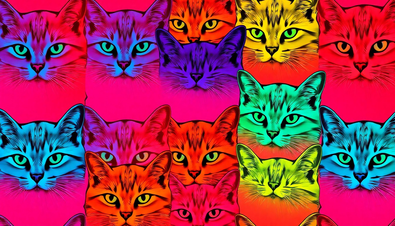 A bold, colorful silkscreen-style illustration featuring a cat's face repeated in a grid pattern, conceptually representing the idea of a public registry to track and prevent animal abuse.