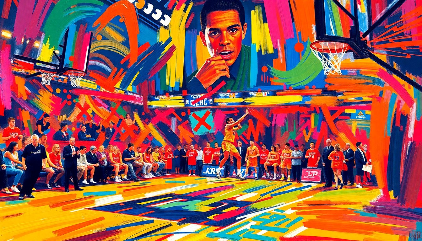 An abstract, expressionist painting using vibrant neon colors and rapid brushstrokes to capture the raw energy and emotion of an Illinois basketball game.