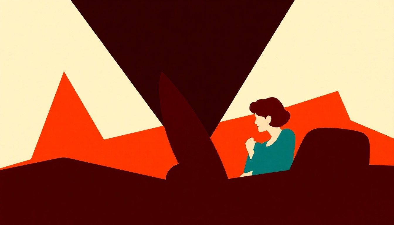 A bold, graphic composition of jagged, overlapping shapes in warm orange, deep red, and muted teal hues, conceptually representing the themes of aging, retirement, and unexpected romance explored in the play 'Morning After Grace'.