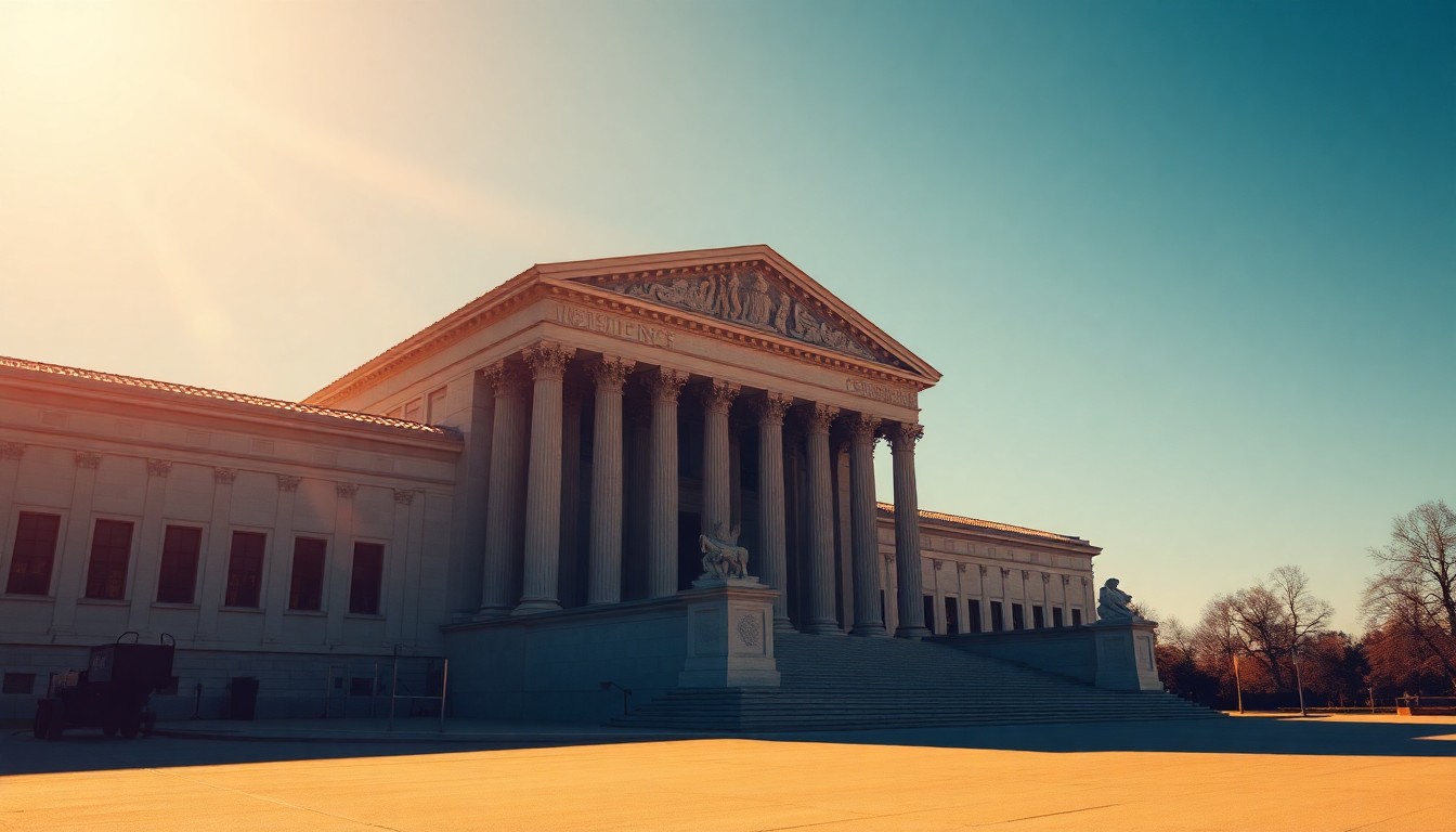 A photorealistic painting of the Supreme Court building in soft, warm lighting, conveying a sense of solemnity and political significance.