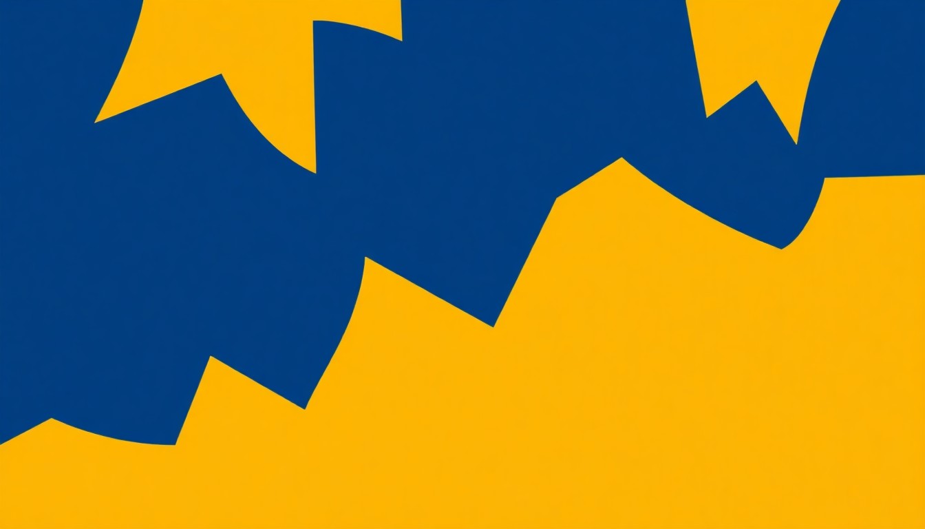 An abstract, minimalist illustration featuring bold, jagged shapes in deep blue and warm yellow, conceptually representing a traveling folk musician and the idea of a 56-county tour.