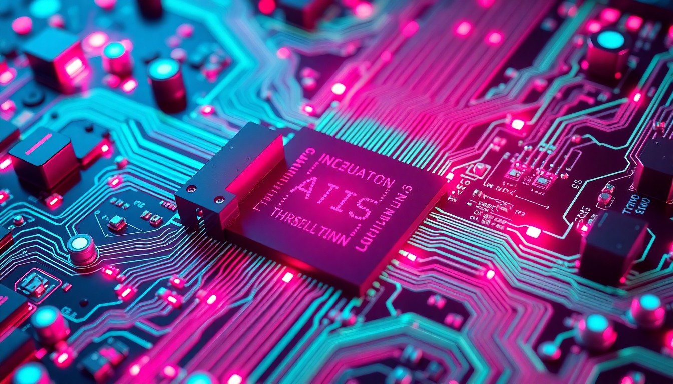 A highly detailed, glowing 3D macro illustration of a complex circuit board with pulsing neon cyan and magenta lights, representing the physical infrastructure of advanced AI systems that can autonomously improve themselves.