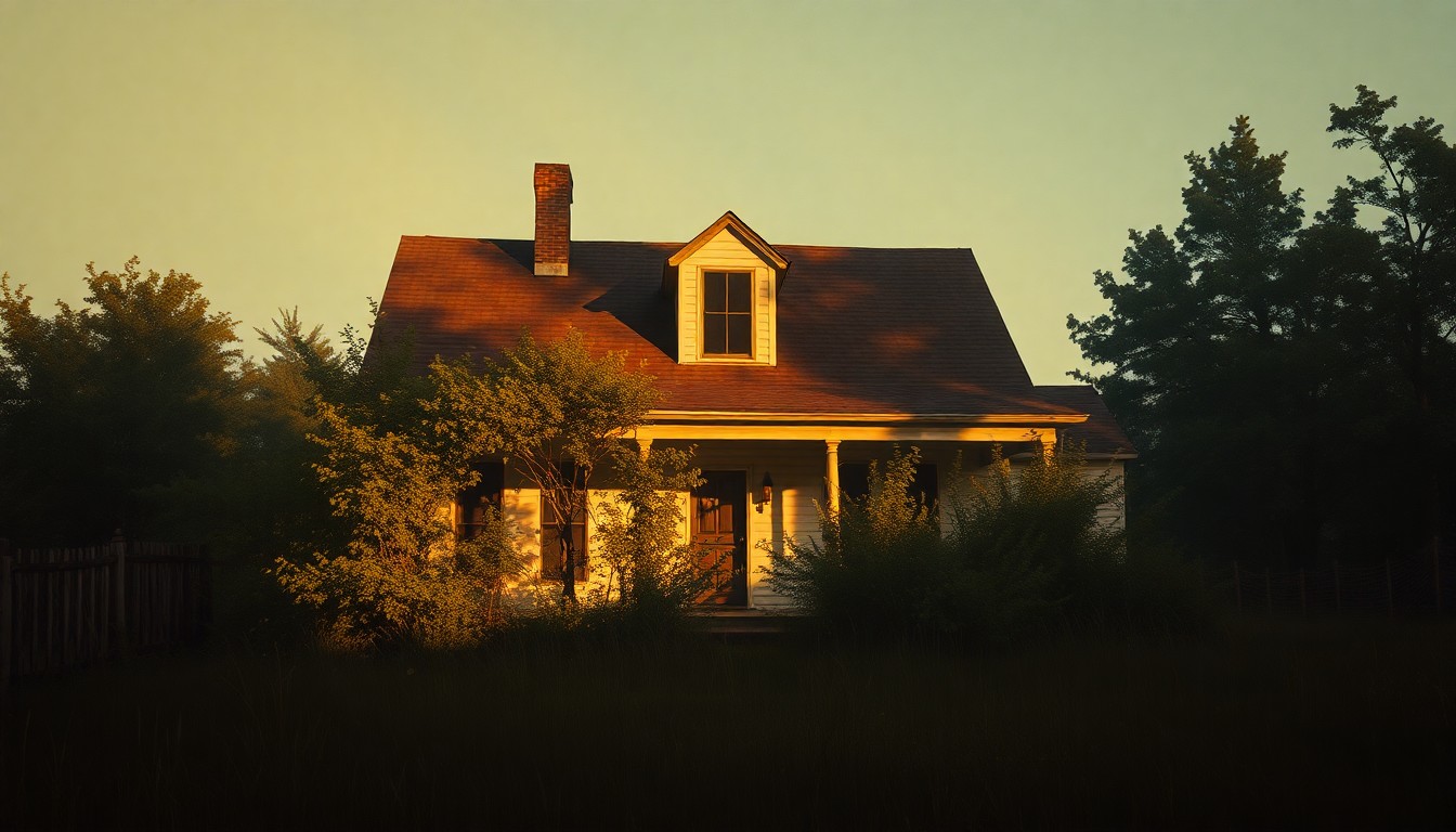 A photorealistic painting of a dilapidated, two-story house in Prichard, Alabama, surrounded by overgrown weeds and tall grass. The house is bathed in warm, golden sunlight streaming in from the left, casting deep shadows across the peeling paint and boarded-up windows. The scene conveys a sense of urban decay and neglect.