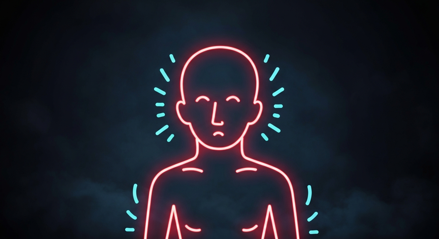 A minimalist, glowing neon outline of a person's head and upper body against a dark background, representing the mental health focus of the story.
