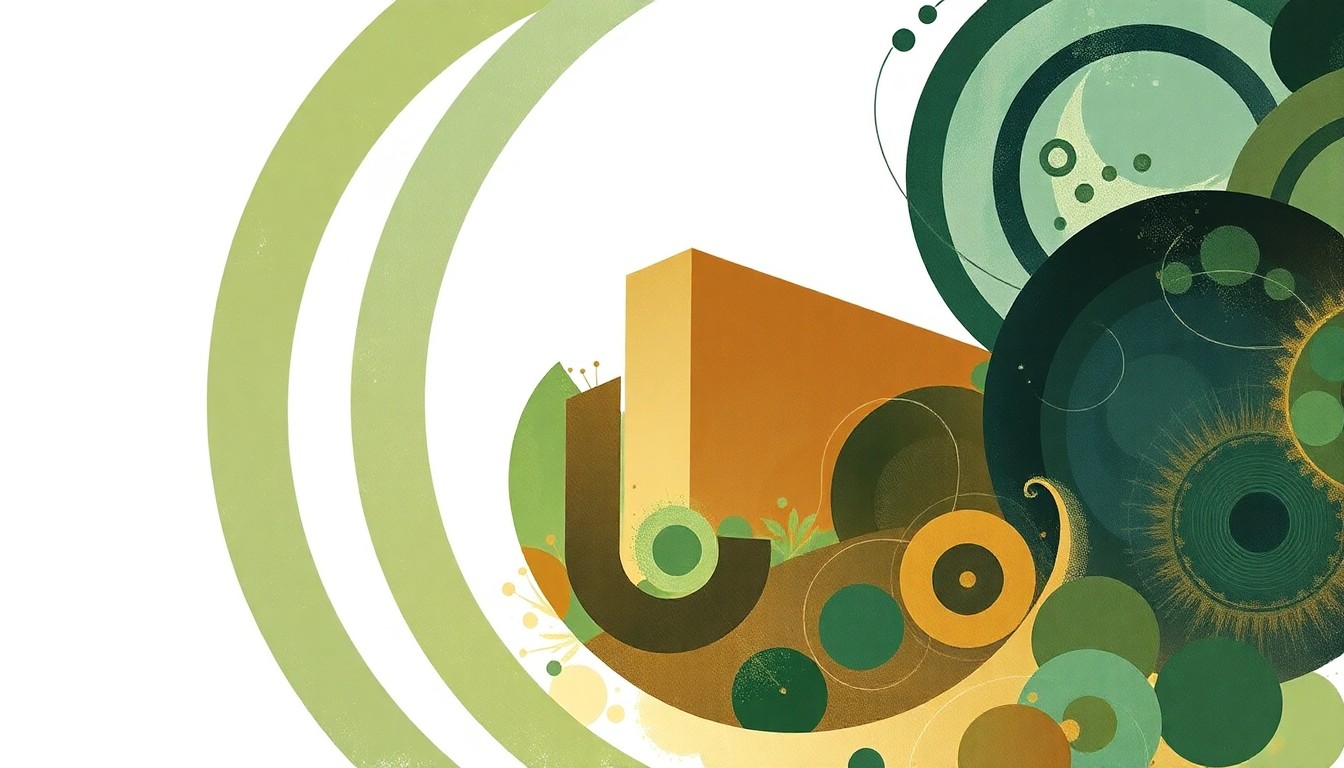 A highly textured abstract painting in earthy tones of green, brown, and blue, featuring sweeping geometric arcs, concentric circles, and precise botanical spirals, conceptually representing the complex systems and forces of a nuclear power plant.