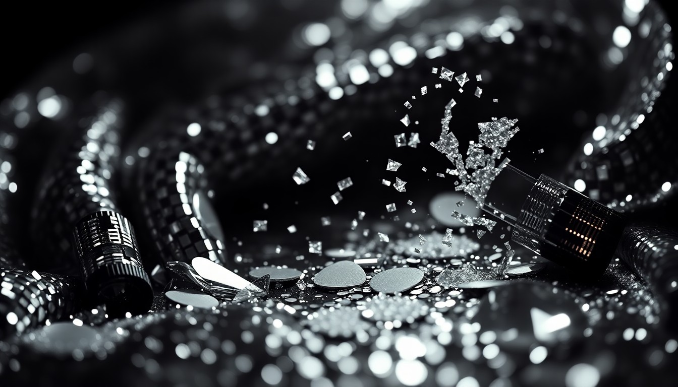 An extreme close-up photograph of sparkling sequins and shattered glass, creating a conceptual visual metaphor for the dramatic twists and turns of Ciara Miller's dating history on reality television.