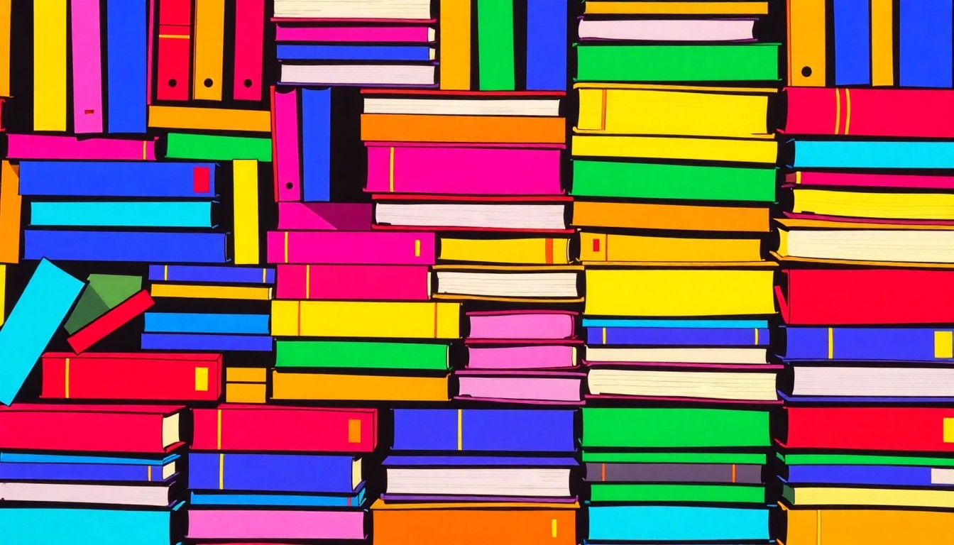 A brightly colored, high-contrast silkscreen print of a stack of colorful textbooks and school supplies repeated in a tight grid pattern, conceptually representing the Sioux City Public Schools Foundation's commitment to educational programs and resources.