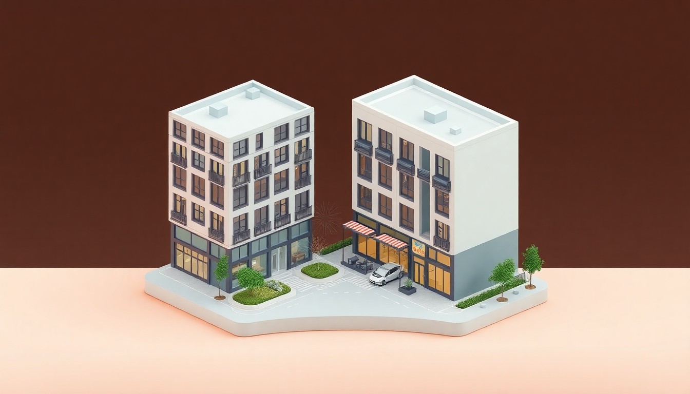 A miniature, stylized 3D illustration of a multifamily residential development with two four-story buildings, landscaped courtyards, and activated amenity spaces along the street frontage, conceptually representing a new project that will contribute to the evolving mixed-use area.