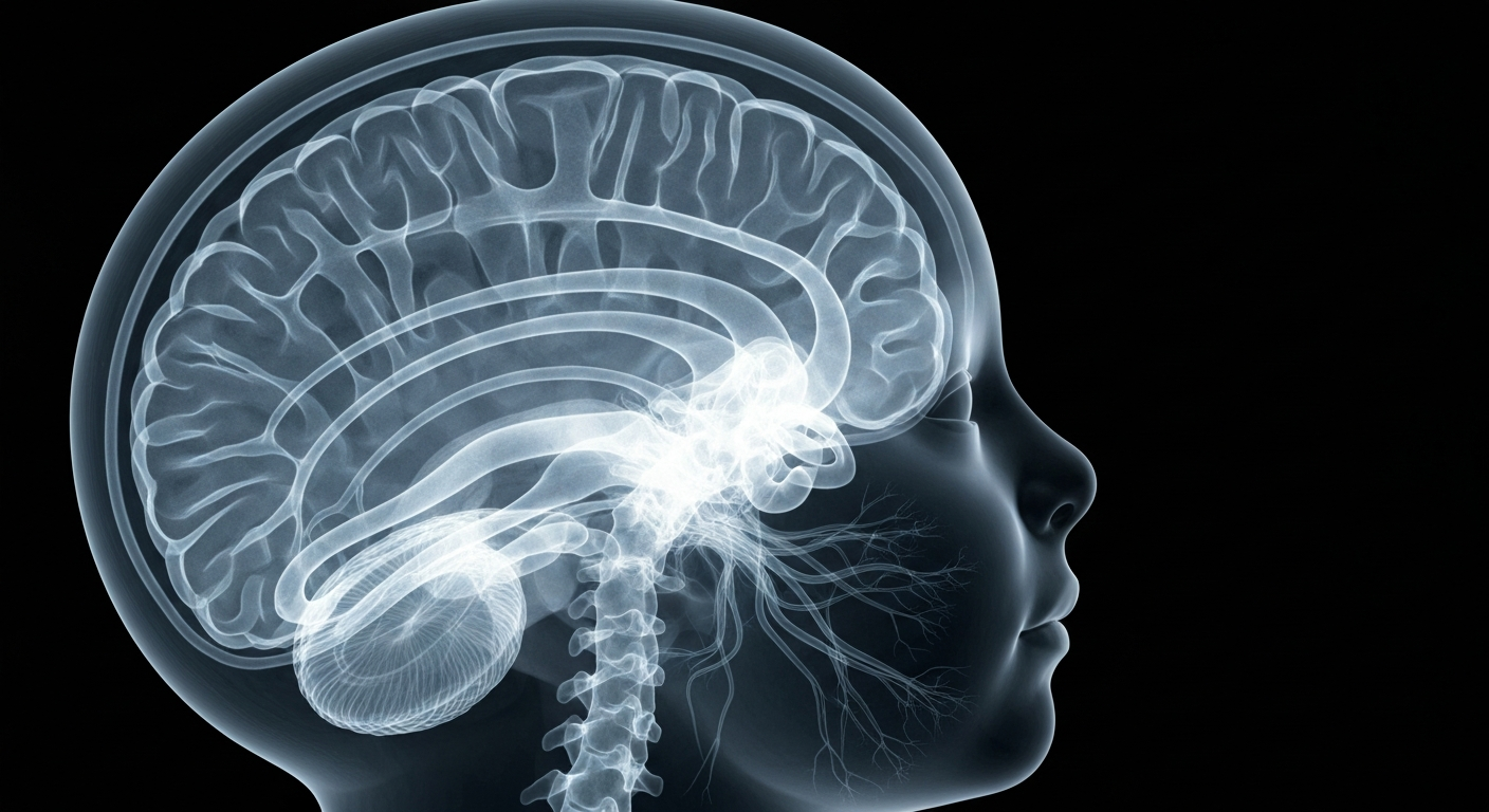 A ghostly, glowing X-ray image revealing the intricate internal structures of a child's brain and nervous system, conceptually representing the genetic disorder impacting the Kempf family.