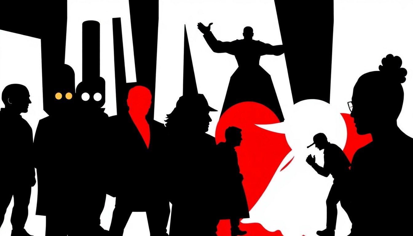 A bold, abstract illustration featuring jagged geometric shapes in red, white, and black, conceptually representing the diverse range of pop culture guests and entertainment at the Astronomicon 9 convention.