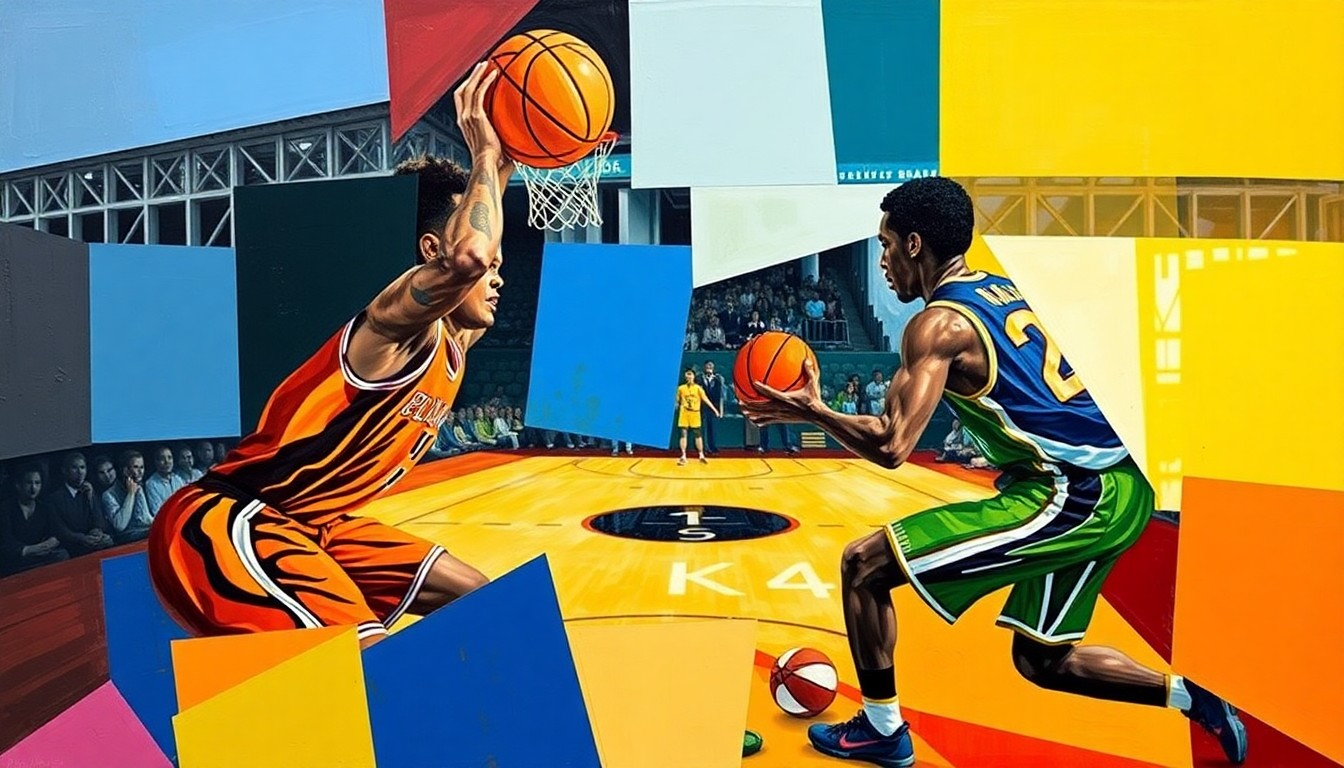 A cubist-style painting depicting a basketball game or match, with the players' bodies and the ball broken down into sharp, overlapping geometric shapes and planes in vibrant colors, capturing the dynamic energy of the sport.