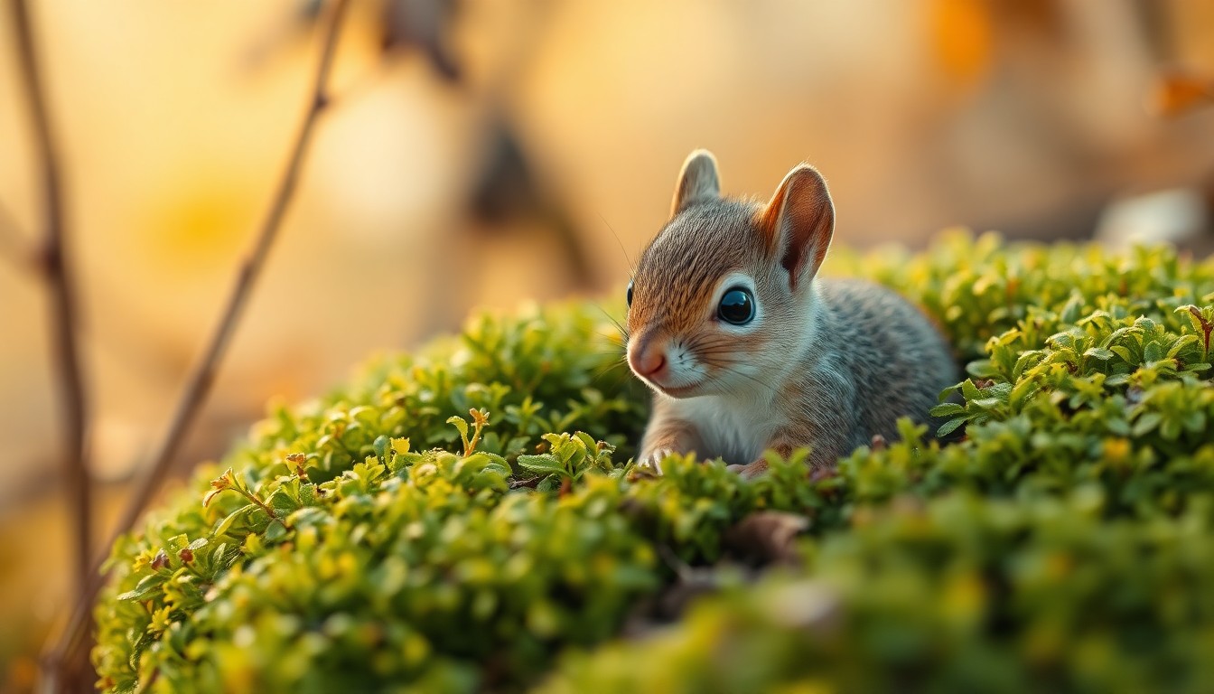 An extremely abstracted, out-of-focus photograph of a small baby squirrel nestled in a bed of soft, mossy foliage, conceptually illustrating the fragile nature of these young animals and the importance of proper care and reunification with their mothers.