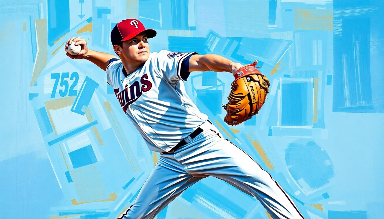 A cubist, geometric painting depicting a baseball pitcher's throwing motion broken down into overlapping planes of color, representing the trade between the Twins and Marlins.