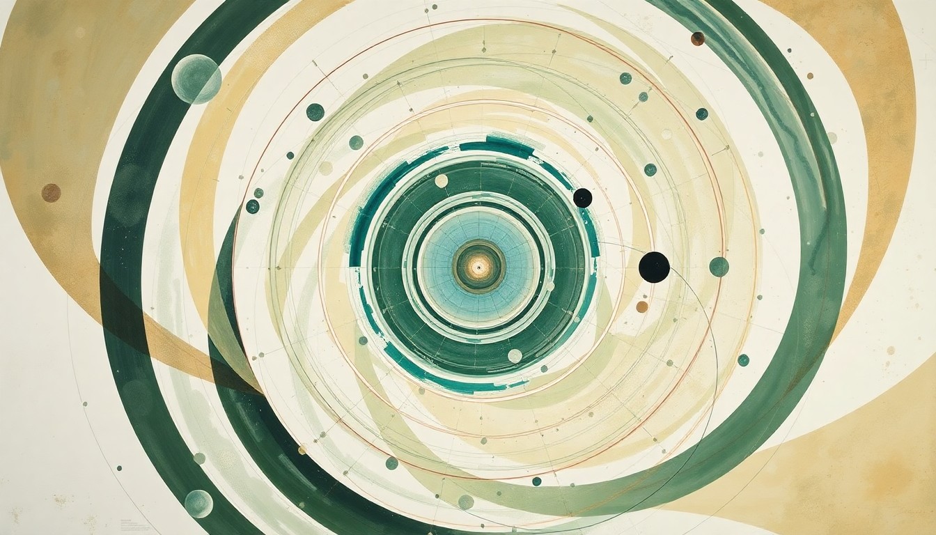 An abstract painting composed of sweeping arcs, concentric circles, and precise spirals in earthy tones of green, brown, and blue, conceptually representing the complex, interconnected structure of scientific knowledge and the disruptive forces that drive its evolution.