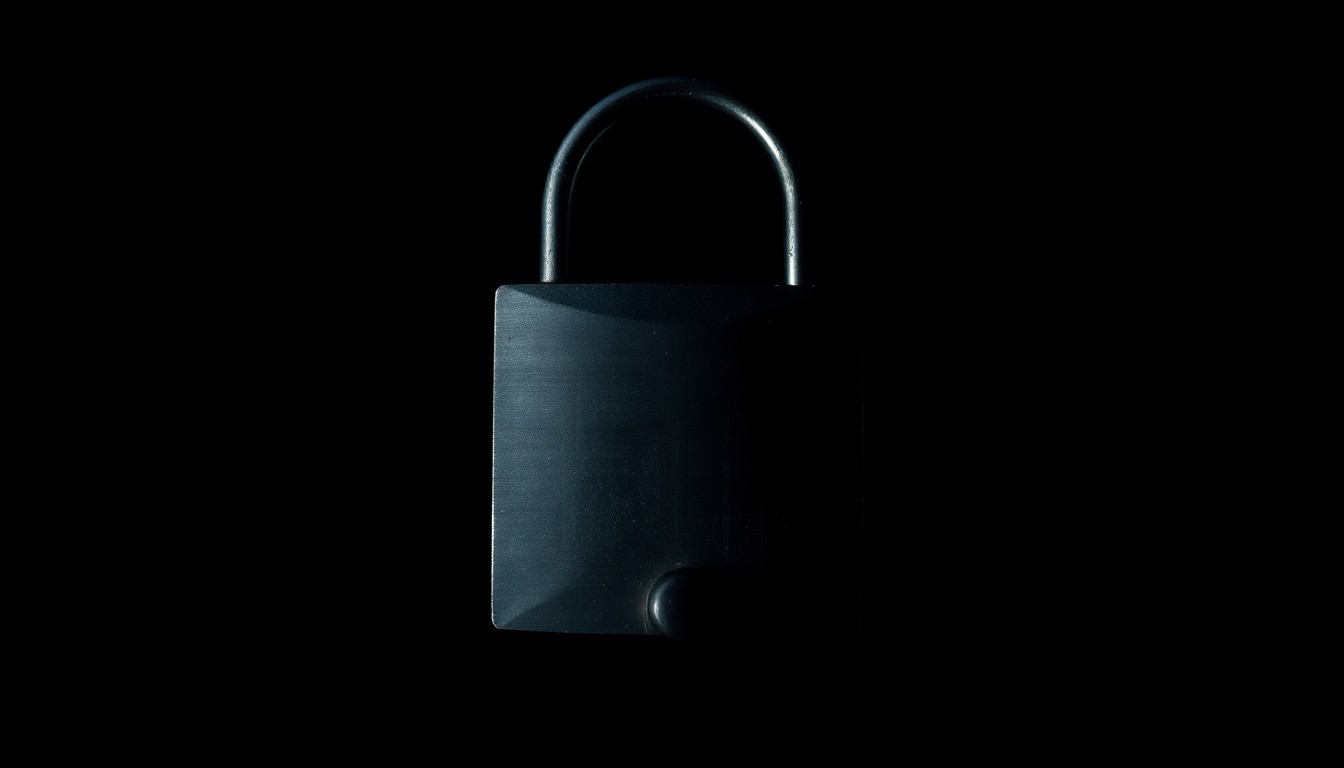 An extreme close-up photograph of a padlock, its metal surface reflecting a harsh, direct camera flash against a pitch-black background, creating a stark, gritty, investigative aesthetic.
