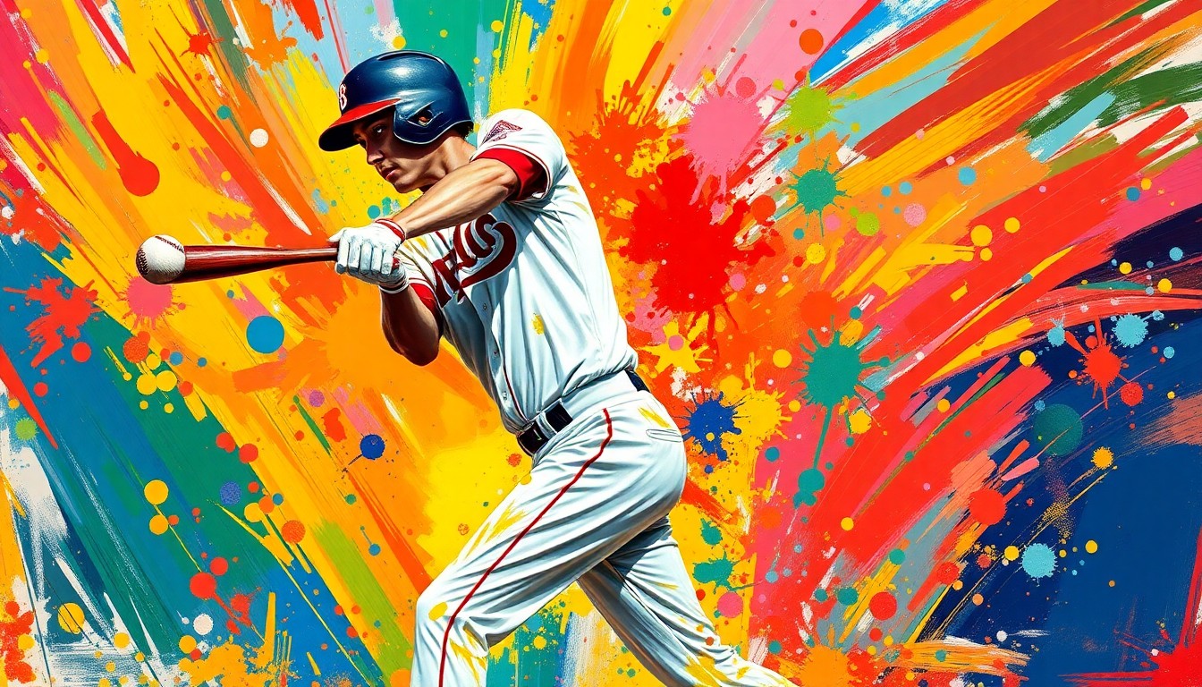 An abstract expressionist painting in neon colors depicting the powerful swing and explosive energy of a baseball player hitting a home run, with the player's body and the ball dissolving into vibrant brushstrokes.