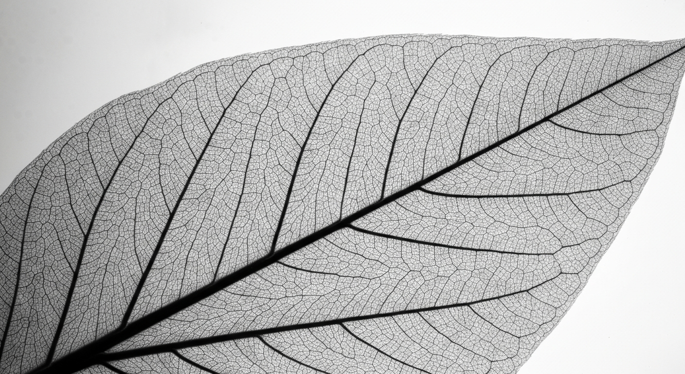 A highly detailed, translucent X-ray photograph showing the internal structure of a kratom leaf, with its veins and cellular components glowing against a dark background, conveying the complex nature of this psychoactive plant.