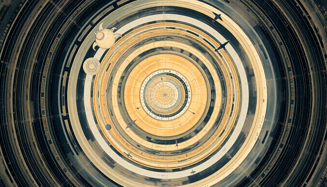 A bold, abstract painting in soft earth tones featuring sweeping geometric arcs, concentric circles, and precise spirals, representing the complex forces and concepts of space travel.