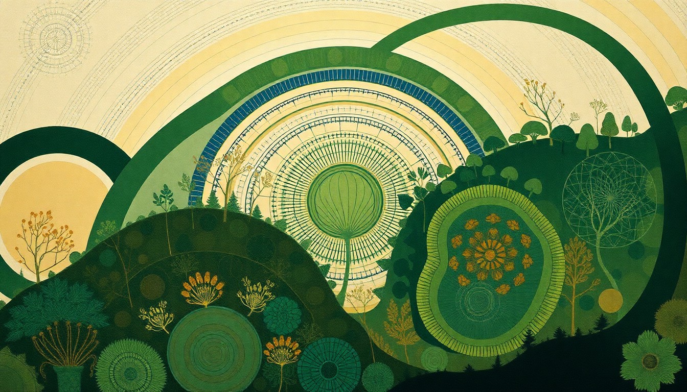 A vibrant abstract painting in soft, earthy tones of green, brown, and blue, featuring sweeping geometric shapes and precise botanical spirals that evoke the natural wonder and biodiversity of the Monongahela National Forest.