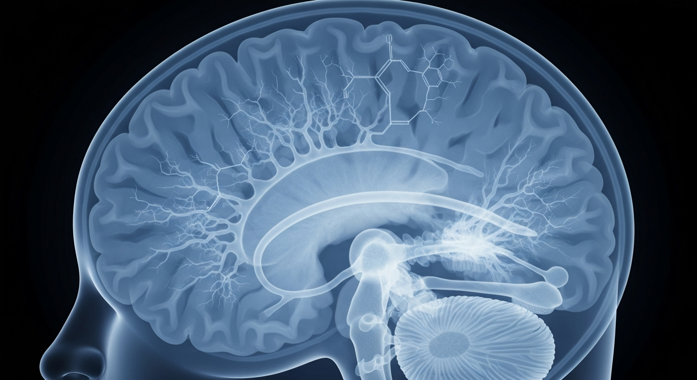 A ghostly, translucent X-ray image revealing the internal structures of a human brain in shades of blue and grey, conceptually representing the complex neural networks and chemical pathways involved in mood regulation.