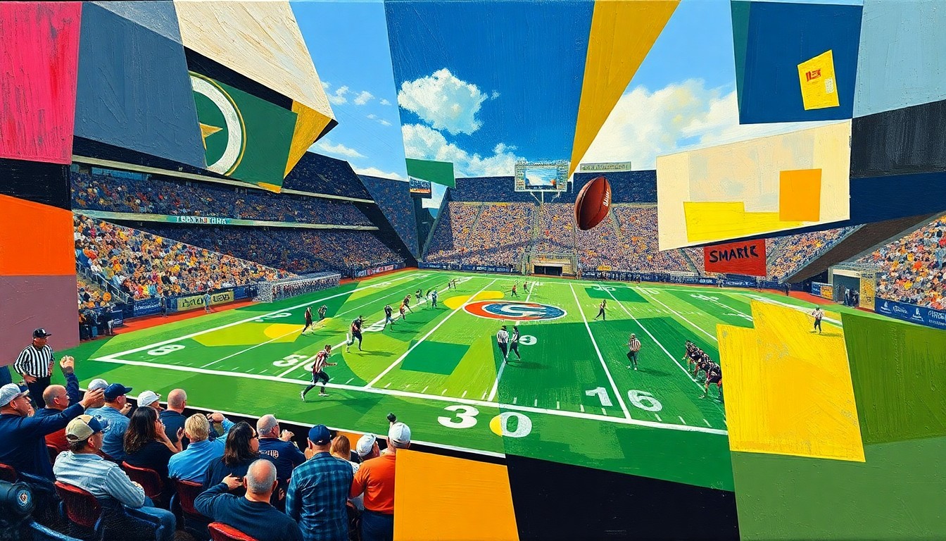 A cubist-style painting depicting a fragmented, geometric representation of a football practice or game, with overlapping shapes and planes capturing the dynamic movement and energy of the sport.