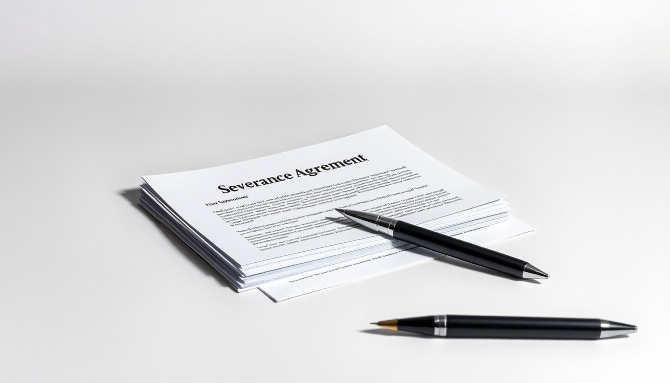 A minimalist, high-contrast studio photograph featuring a stack of official-looking documents and a pen on a clean, monochromatic background, representing the severance agreements and bureaucratic process behind the payouts.