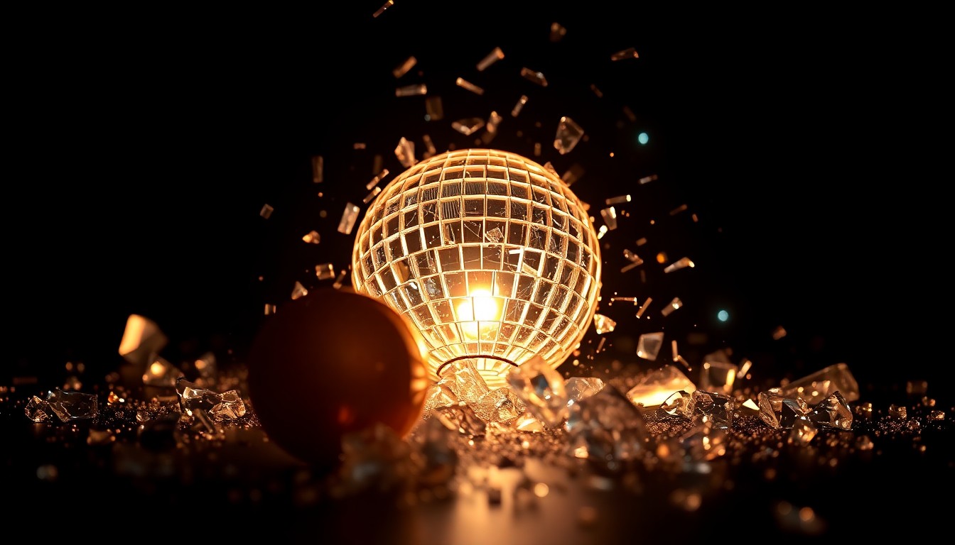 An extreme close-up photograph of shattered, sparkling glass fragments against a dark background, conceptually representing the glamour and drama of celebrity divorces.