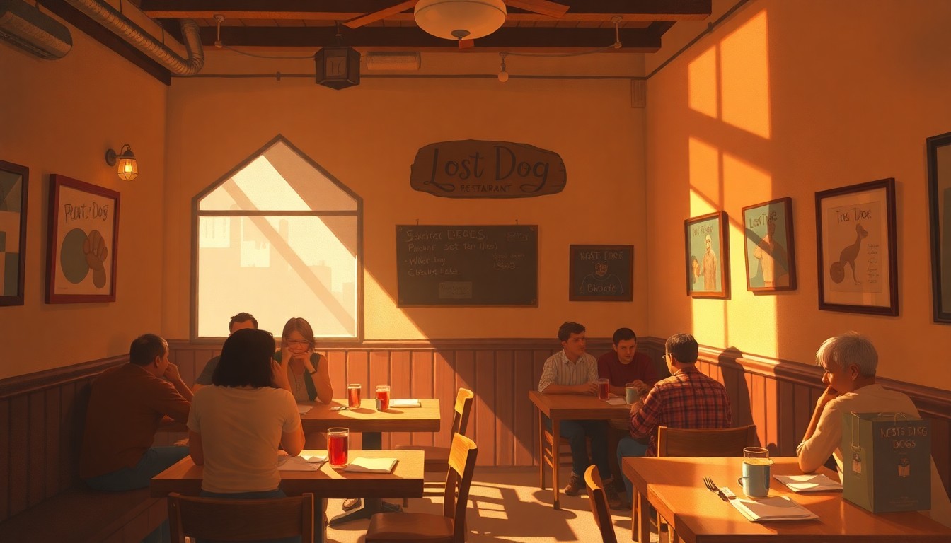 A cozy, warm-toned painting of the interior of a restaurant, with a few patrons enjoying brunch at the tables. The scene is bathed in soft, diagonal sunlight, creating a sense of intimacy and comfort.