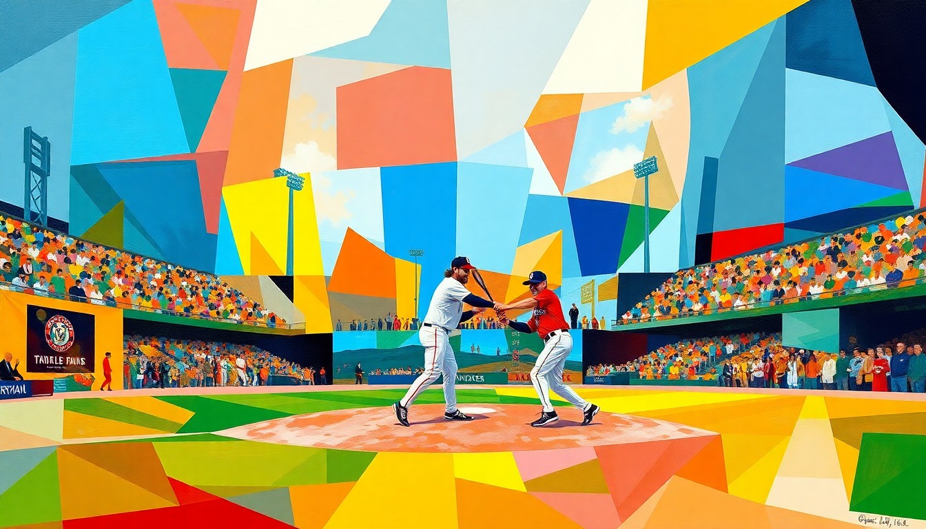 A fragmented, geometric painting in the style of Pablo Picasso, with overlapping planes of bright blues, greens, and reds representing the motion and energy of a ceremonial first pitch at a baseball game.