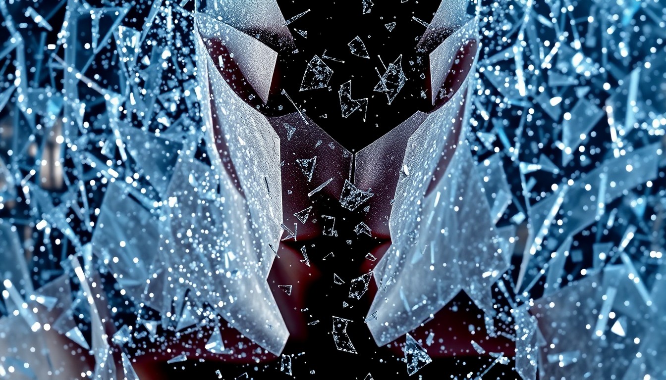 An extreme close-up photograph of shattered, glittering glass in high-contrast lighting, conceptually representing the glamour and intensity of a classic Hollywood on-screen kiss.