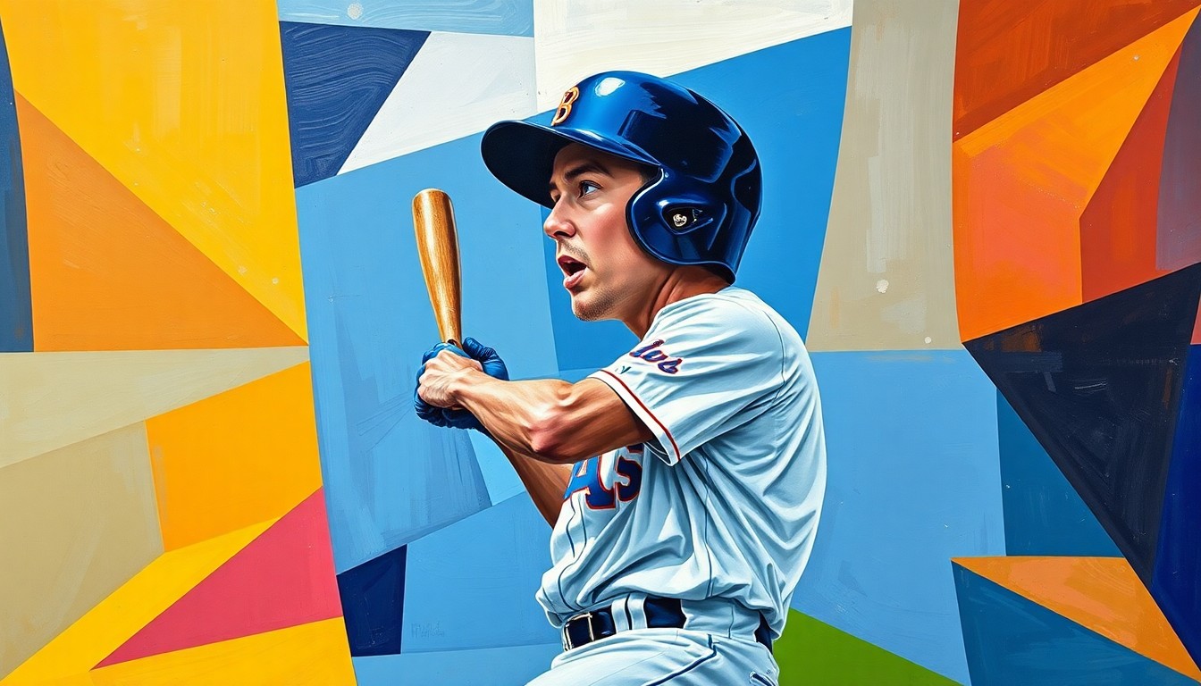 A cubist, geometric painting depicting a baseball player in motion, with the player's form broken down into sharp, overlapping shapes and planes in a vibrant color palette.