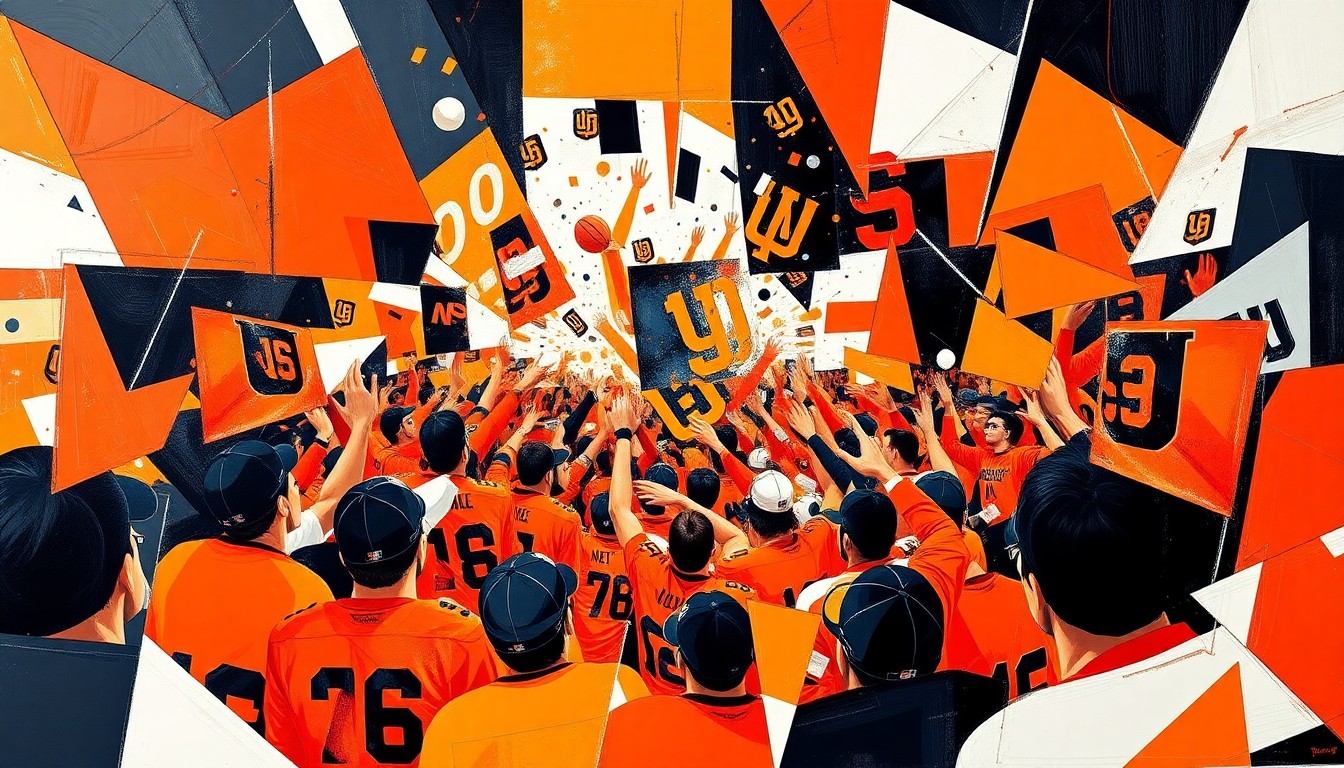 A fractured, cubist-style painting depicting a Giants postgame celebration, with sharp geometric shapes and planes in the team's colors of orange, black, and white swirling and overlapping to create a sense of frenzied energy and movement, without any identifiable people, objects, or text.