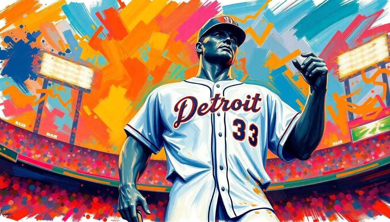 An extreme close-up of the Detroit Tigers statue wearing a brightly colored, oversized jersey, with the background filled with a swirling, expressionist painting of a baseball game in progress, capturing the energy and excitement of the home opener.