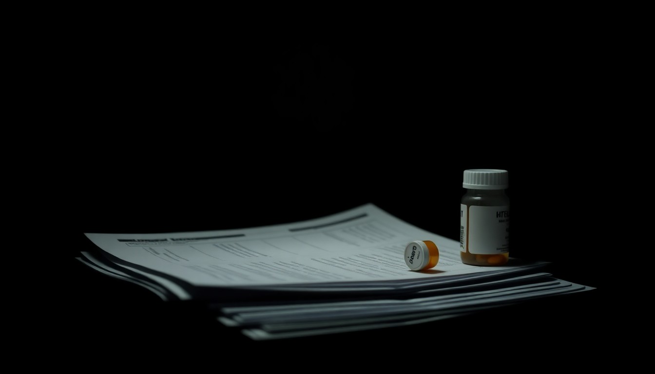 An extreme close-up of a stack of medical paperwork and a pill bottle, lit by a harsh, direct camera flash against a pitch-black background, creating a stark, gritty, investigative aesthetic.