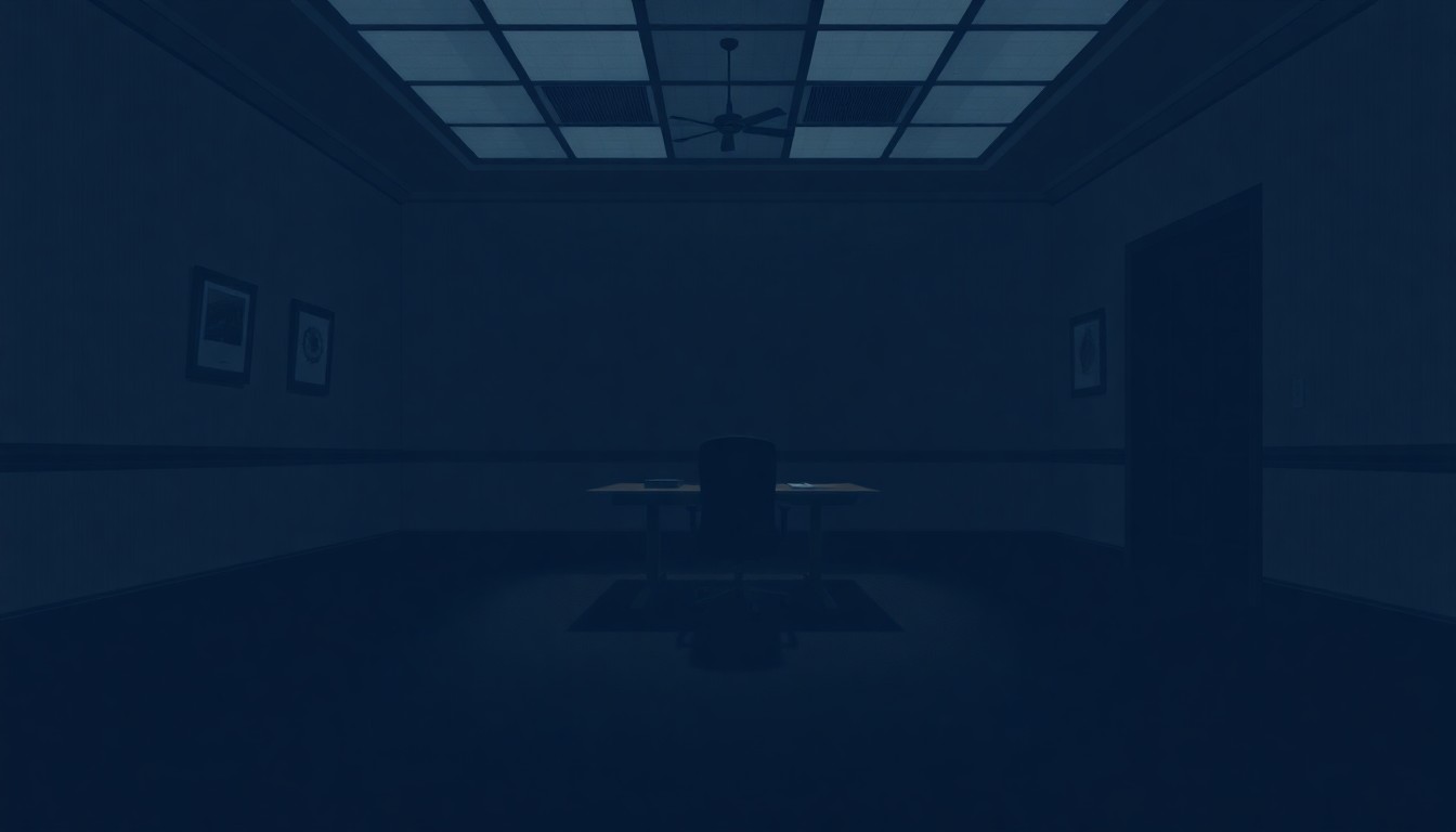 A quiet, cinematic painting of a solitary government office interior bathed in warm, diagonal sunlight and deep shadows, conceptually illustrating the troubling revelations about a former president's disregard for human rights.