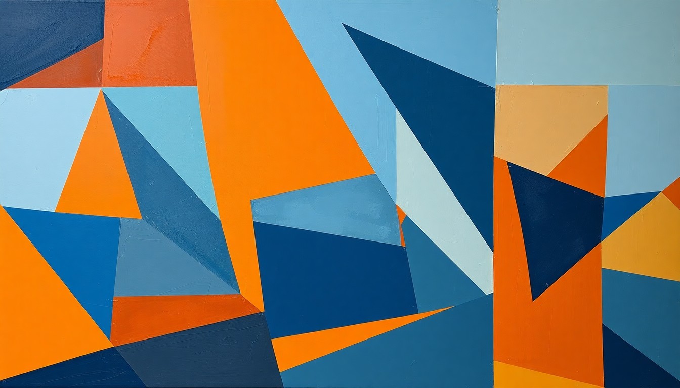 A cubist, geometric painting depicting fragmented, overlapping scenes of a women's basketball game, with sharp planes of burnt orange, navy blue, and powder blue.