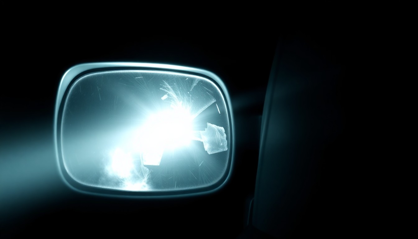 An extreme close-up photograph of a car's damaged side mirror, lit by a harsh, direct camera flash against a pitch-black background, creating a stark, gritty, investigative aesthetic.