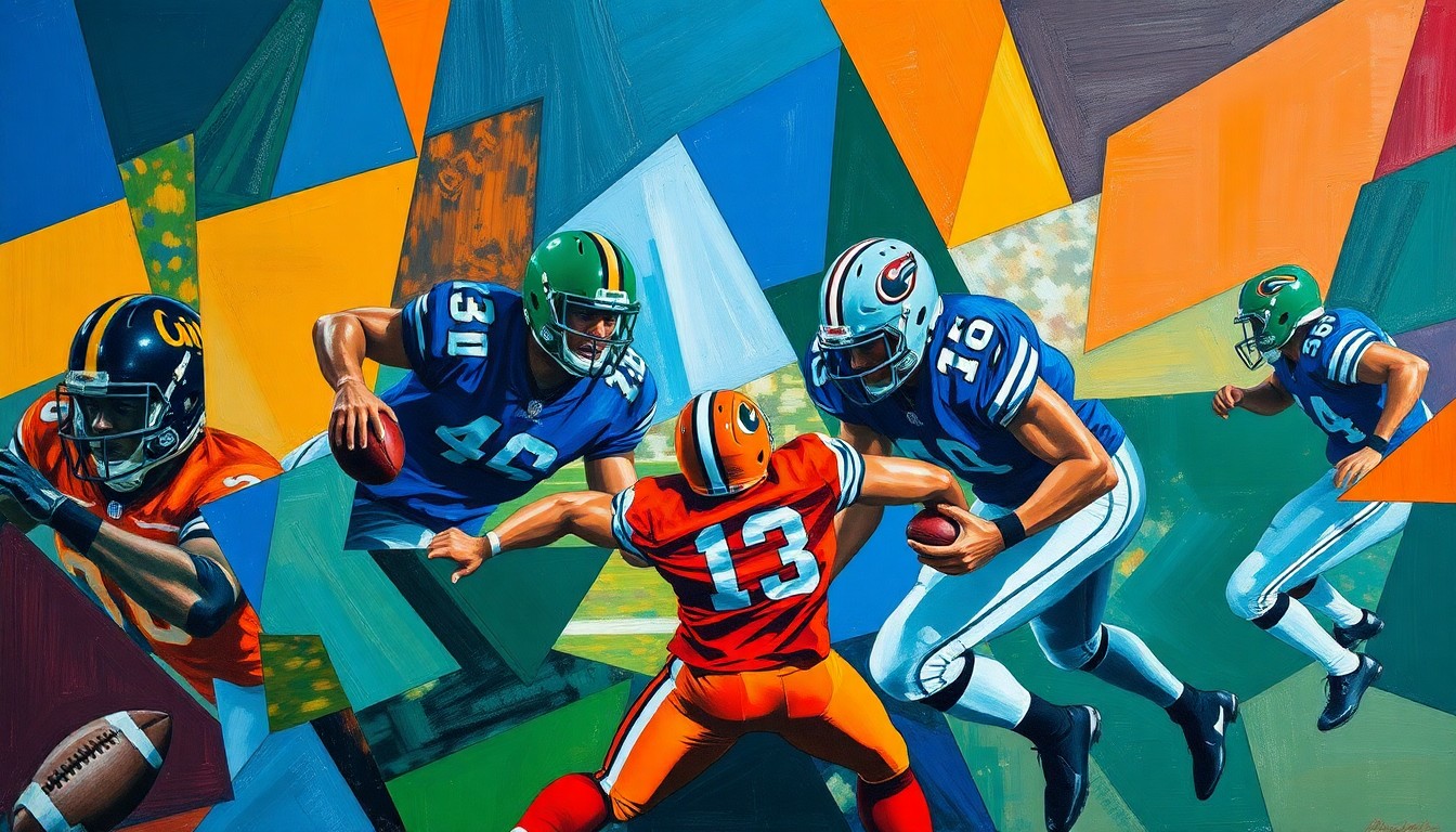A cubist-style painting depicting the chaotic action of a football game, with players and the field broken down into sharp, overlapping geometric shapes in vibrant colors.