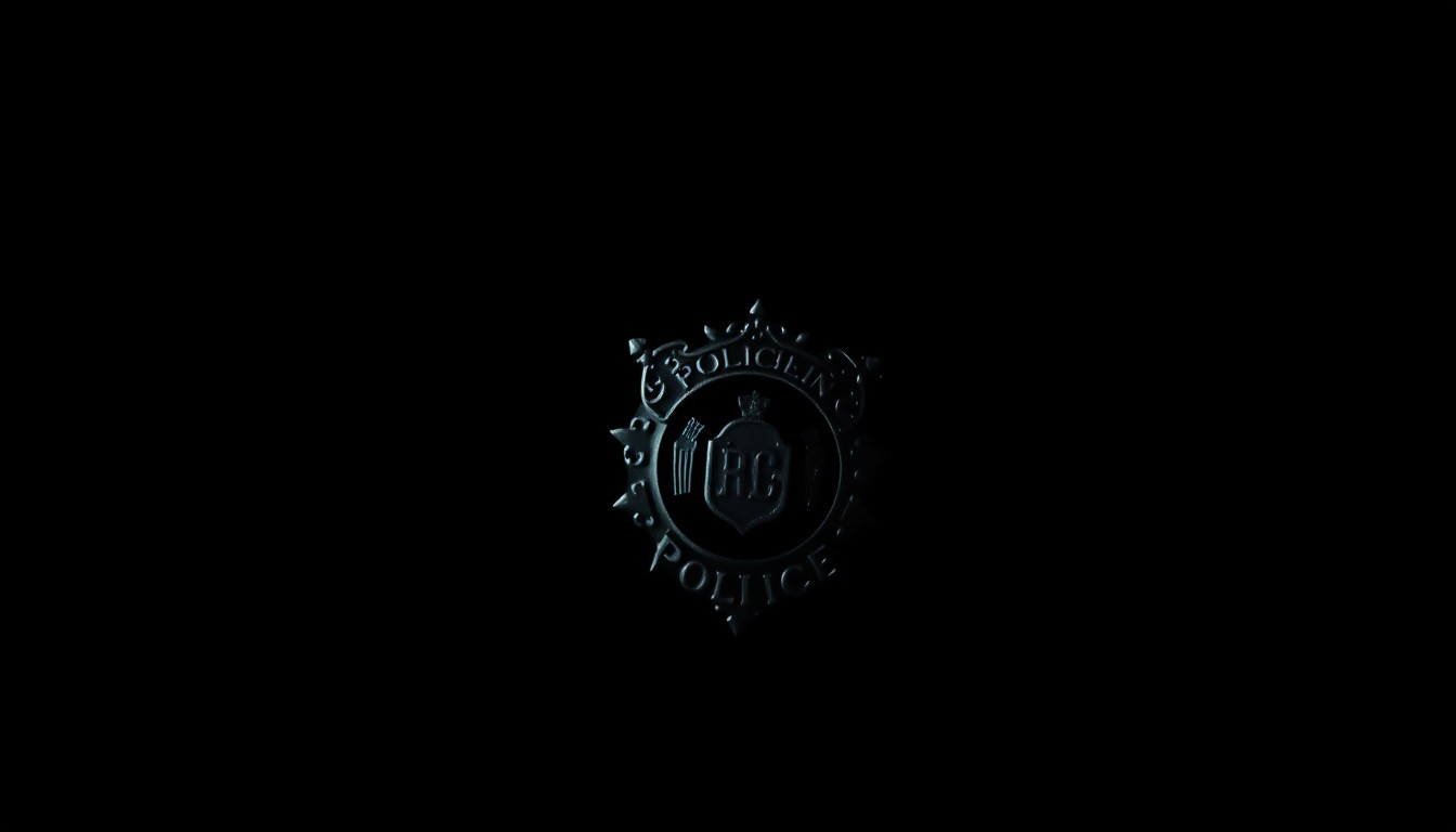 An extreme close-up photograph of a police badge or handcuffs lit by a harsh, direct camera flash against a pitch-black background, conveying a stark, gritty, investigative aesthetic.