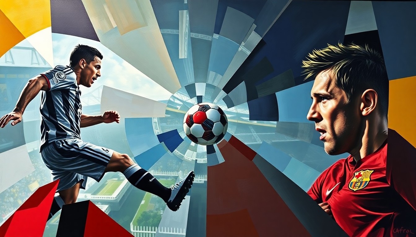 A cubist, geometric painting depicting the action and movement of a soccer match, with the players' forms fractured and abstracted into sharp, overlapping shapes and planes in vibrant colors.