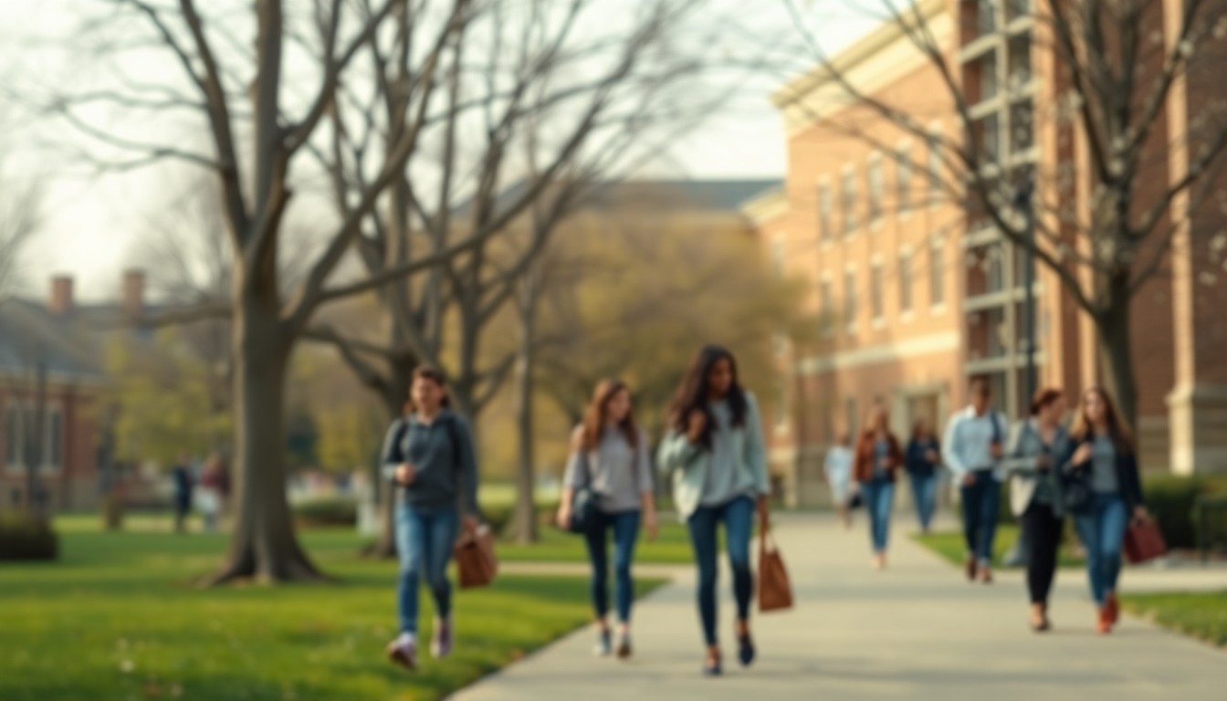 An abstract, impressionistic photograph in soft, warm tones depicting a blurred campus scene with people walking and interacting, conveying a sense of community and tranquility.