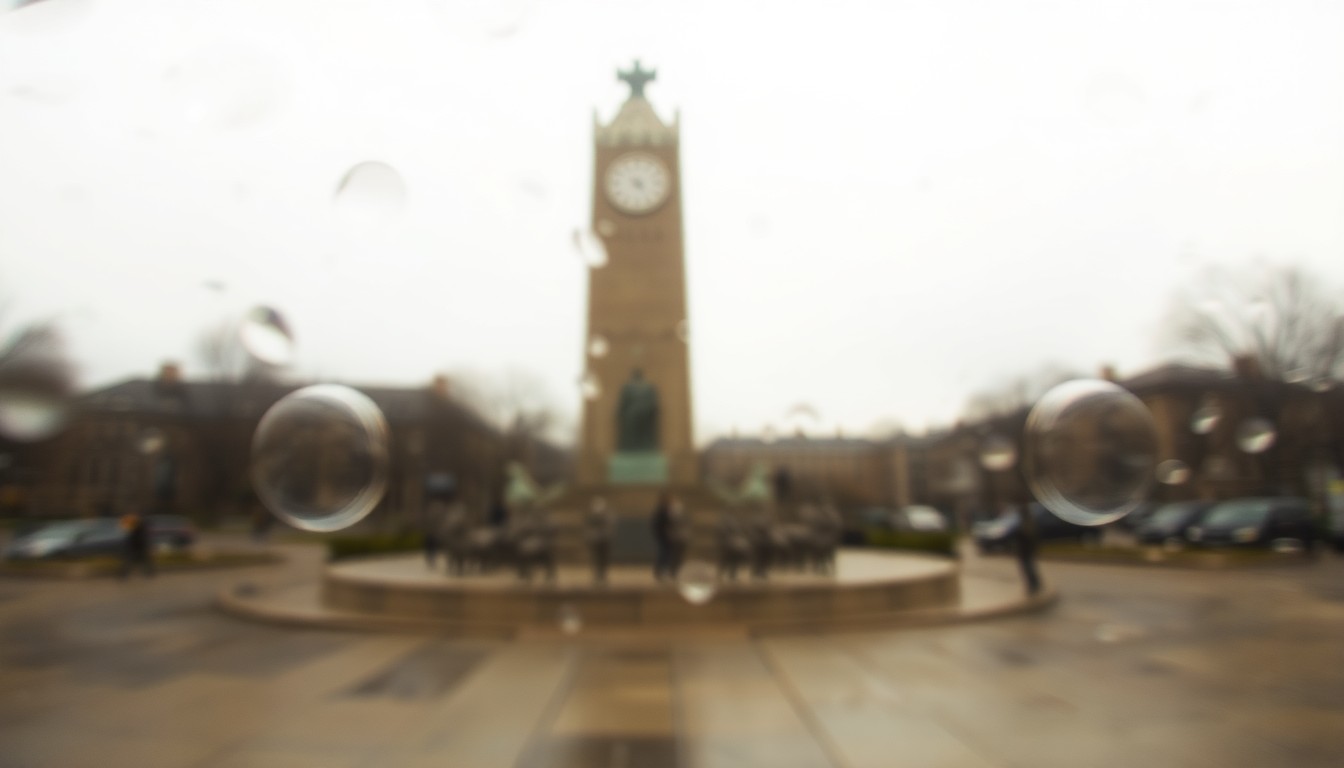 An abstract, impressionistic scene of a blurred, warm-toned public monument or memorial, conveying a sense of reverence and remembrance.