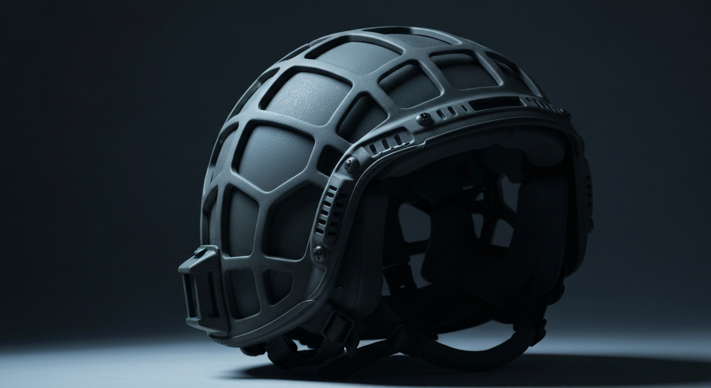 A translucent X-ray photograph showing the intricate inner structure of a soldier's helmet, representing the unseen mental health struggles experienced by military personnel.