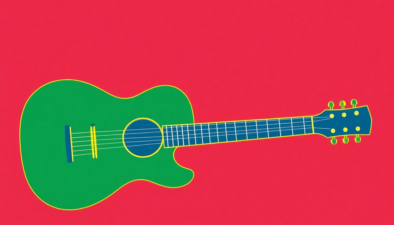 A bold, abstract illustration using geometric shapes in shades of blue, green, and yellow to represent the silhouette of a guitar, symbolizing the legacy of live music performances at the historic Caffè Lena venue.