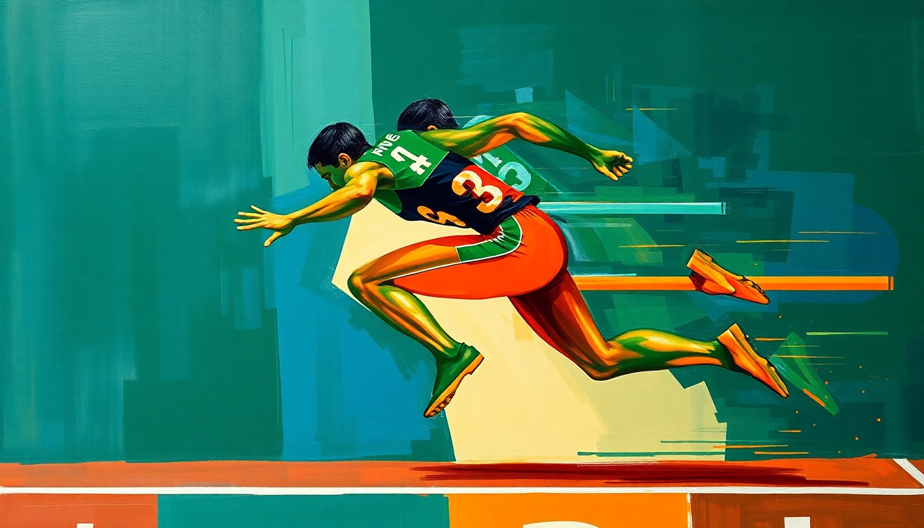 A fractured, multi-perspective painting depicting a hurdler in mid-race, with the athlete's form broken down into sharp, overlapping geometric planes in a palette of deep blue, forest green, and burnt orange, conceptually representing the technical precision and explosive energy of the sport.