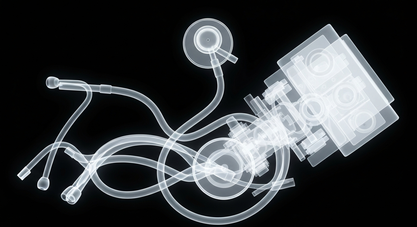 A translucent X-ray photograph revealing the intricate internal structure of a stethoscope and other medical equipment, conceptually representing the complex transition of healthcare services in northern Arizona.