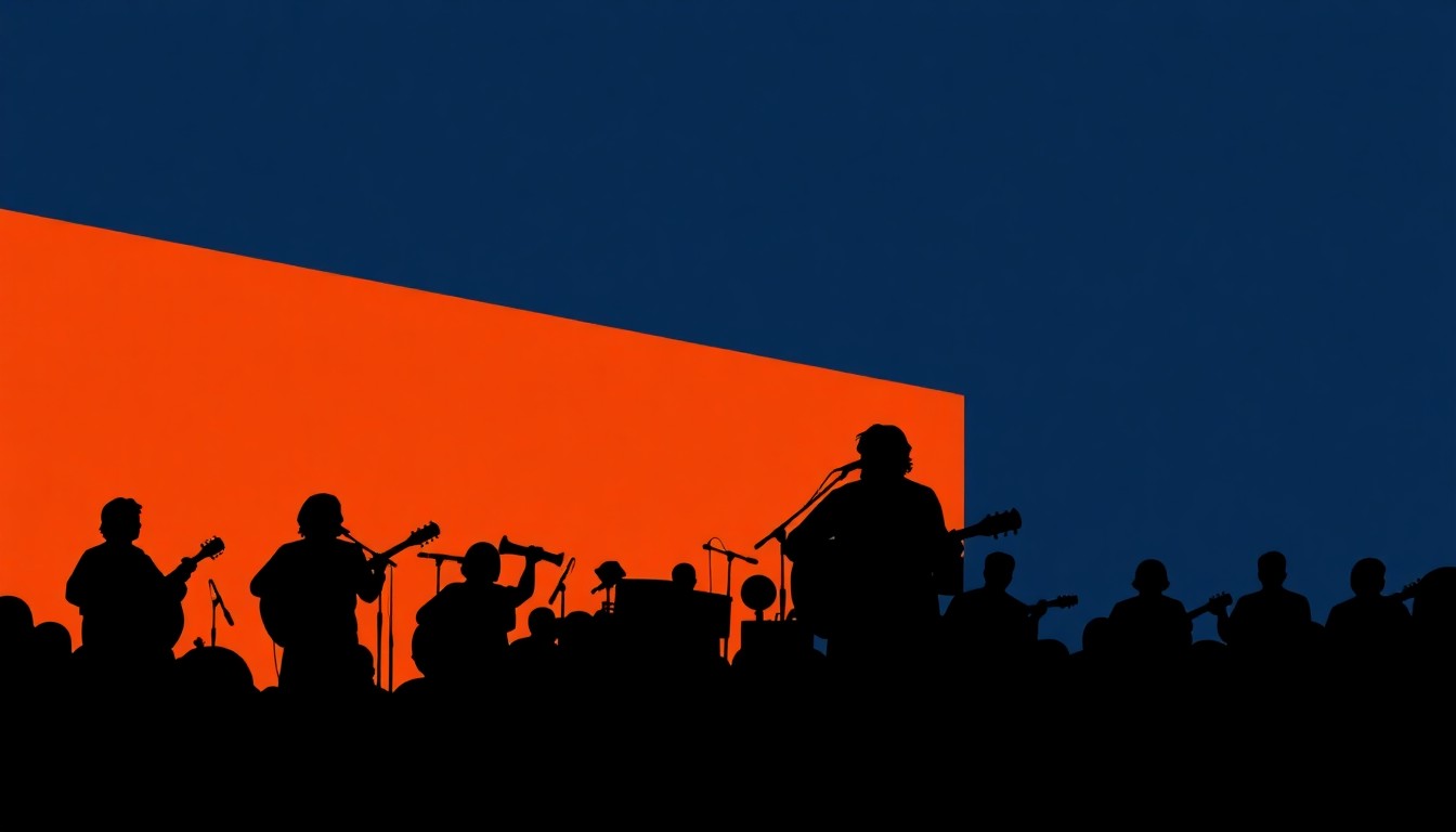 A bold, graphic composition using stark black silhouettes and high-contrast solid colors to abstractly represent the farewell performance of a legendary folk musician, without any text or identifiable elements.