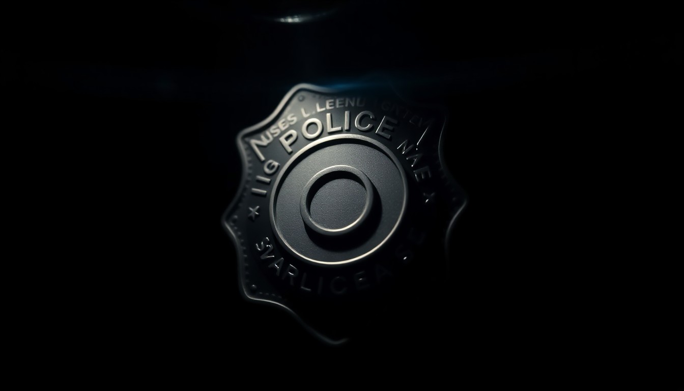 An extreme close-up photograph of a police badge, its metallic surface reflecting the harsh light of the camera flash, creating a stark, gritty, and investigative aesthetic that conceptually represents the sudden violence that occurred in the Livonia police station lobby.