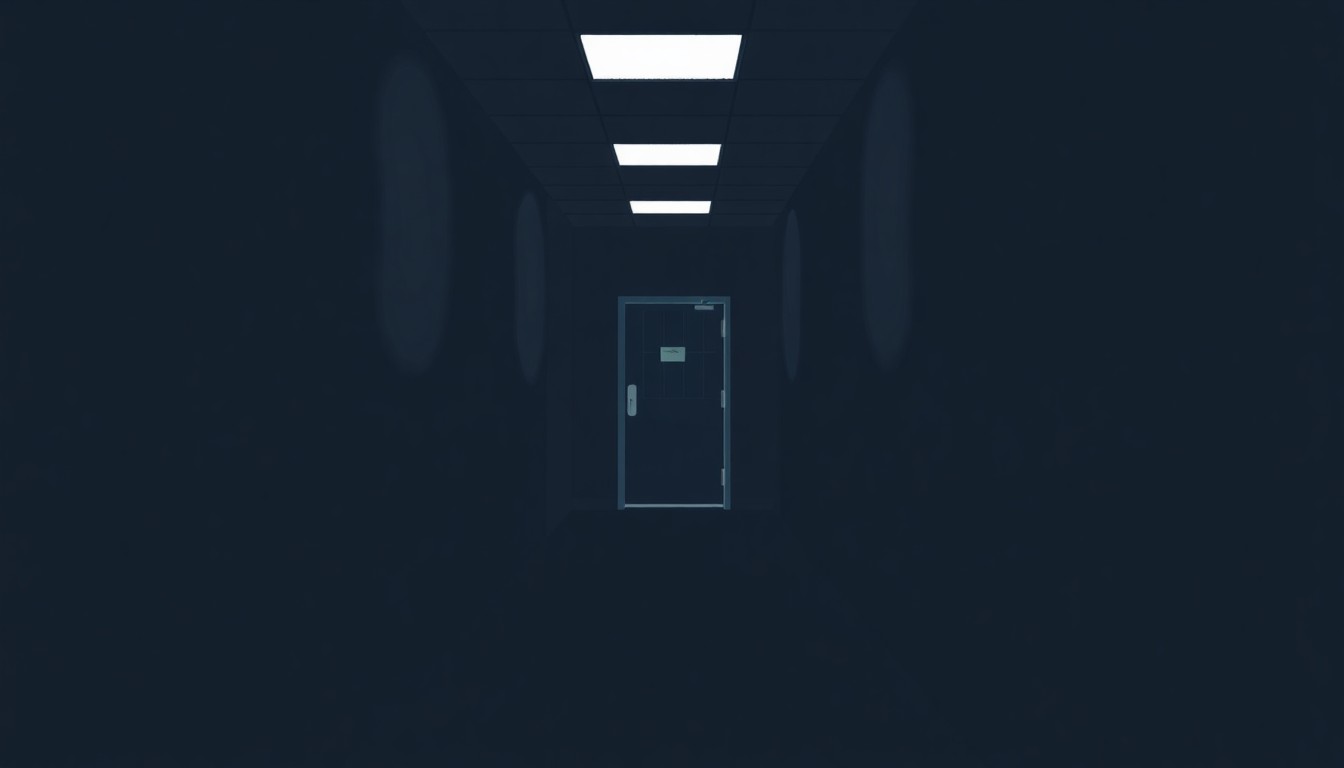A moody, cinematic painting of an empty, dimly lit hallway in an institutional setting, with a single metal door at the end casting a long, dramatic shadow, conveying a sense of isolation and lack of oversight.