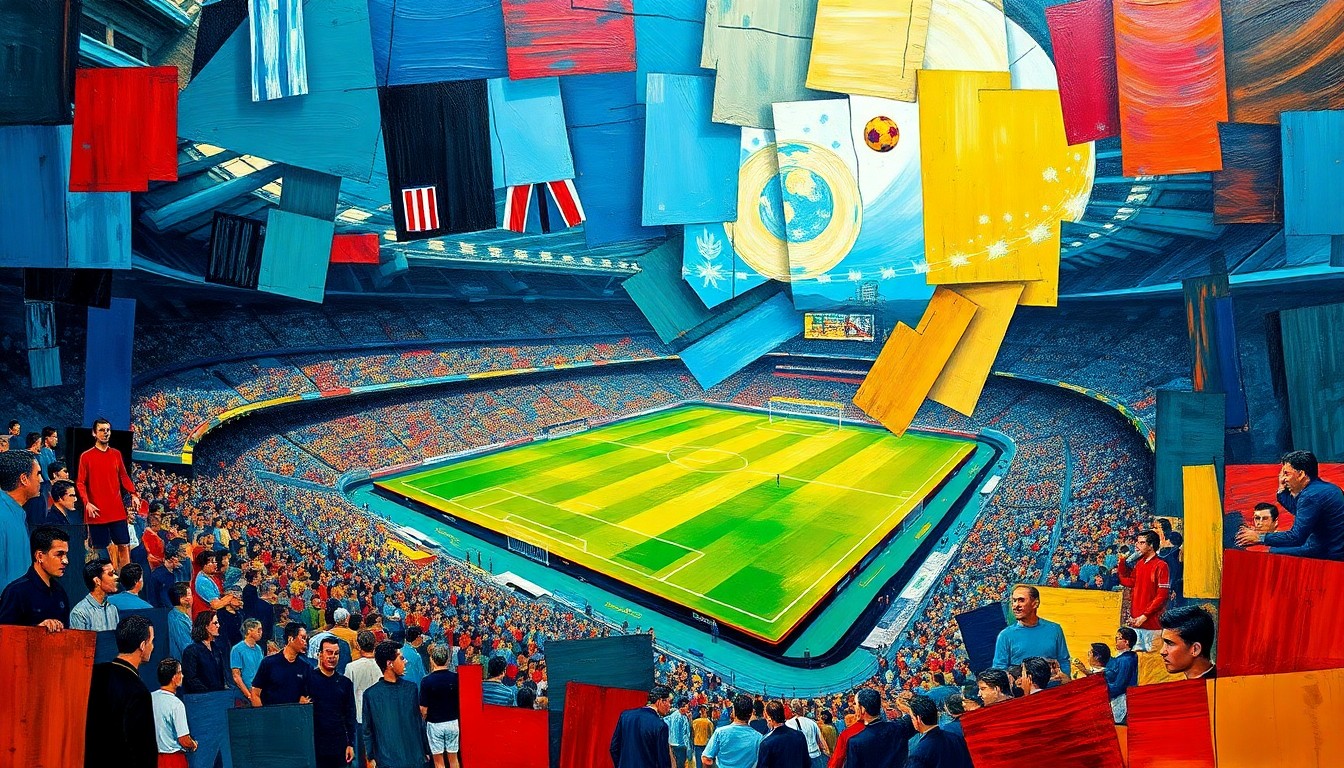 A fractured, multi-perspective painting depicting a soccer match or stadium scene, with sharp, overlapping geometric planes in a palette of deep blues, vibrant reds, and golden yellows, conceptually representing the challenges of ticket accessibility for the 2026 World Cup.